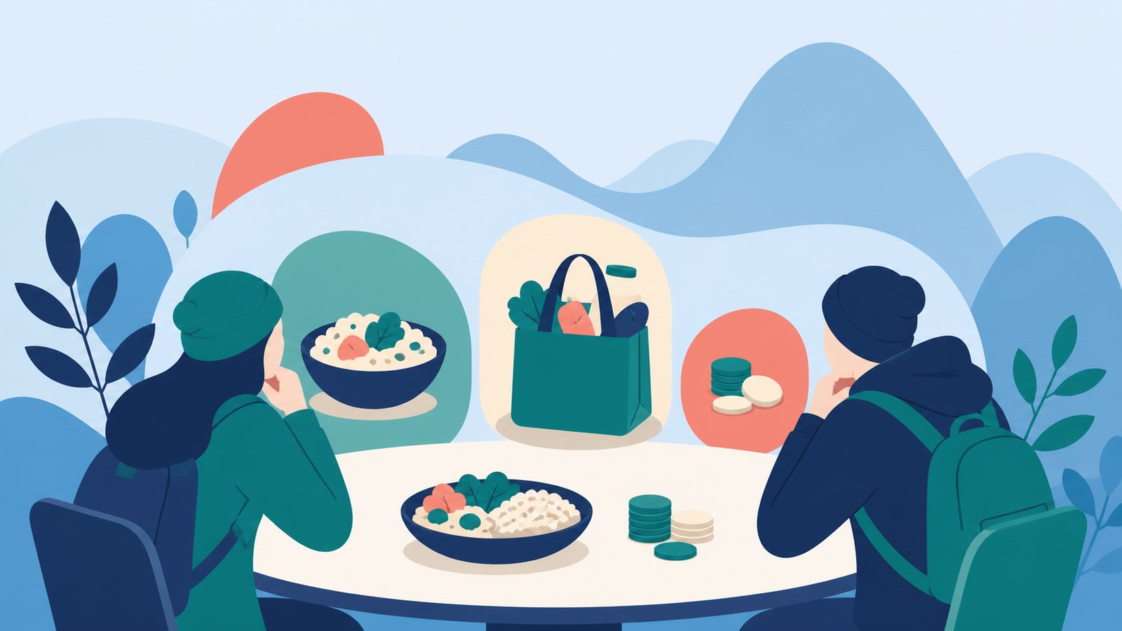 Двое за круглым столом: тарелка с едой, стопки монеток и сумка с продуктами на панелях позади них