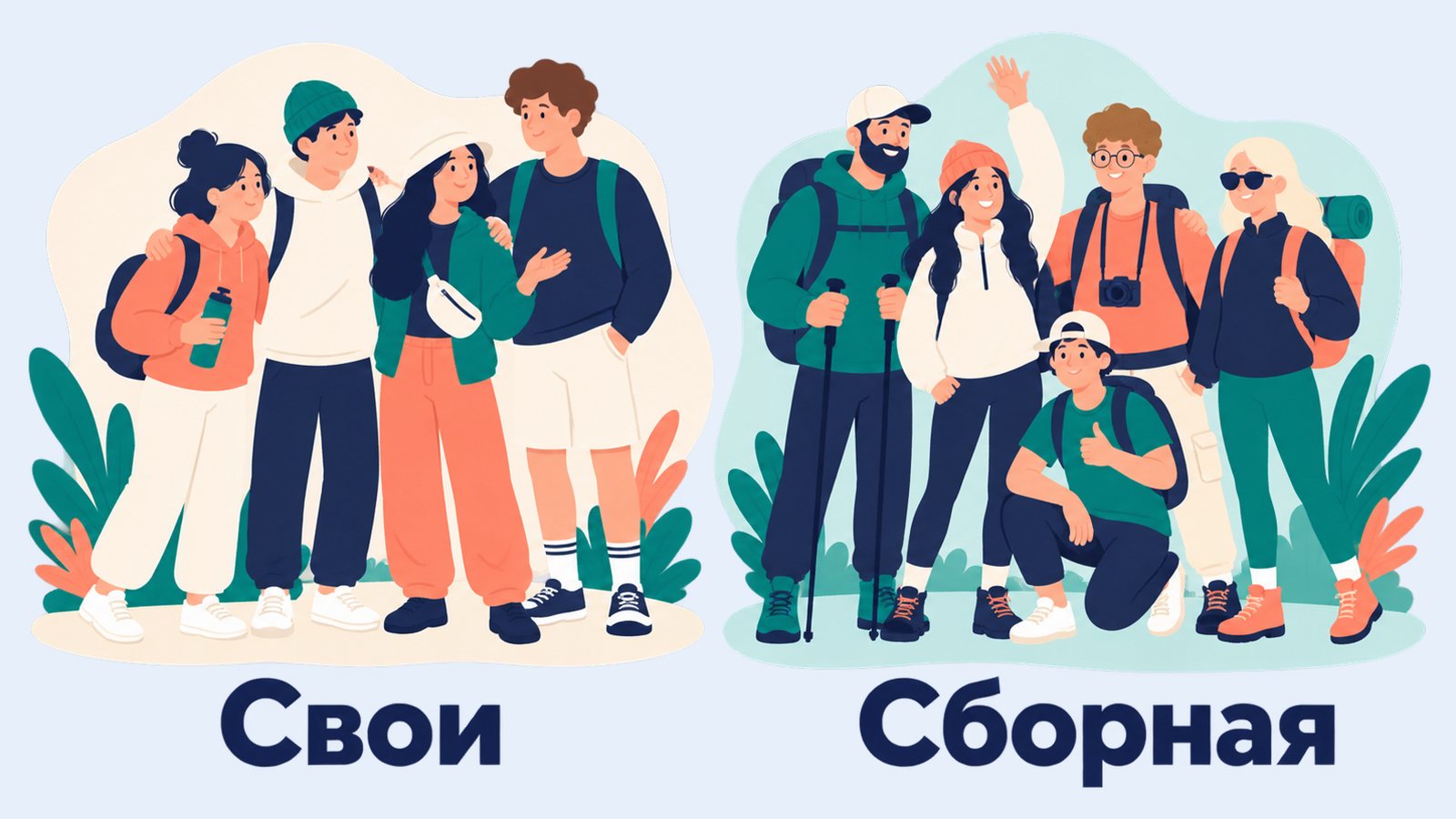Две компании рядом под подписями «Свои» и «Сборная»: четверо друзей в обнимку и пятеро незнакомцев с рюкзаками